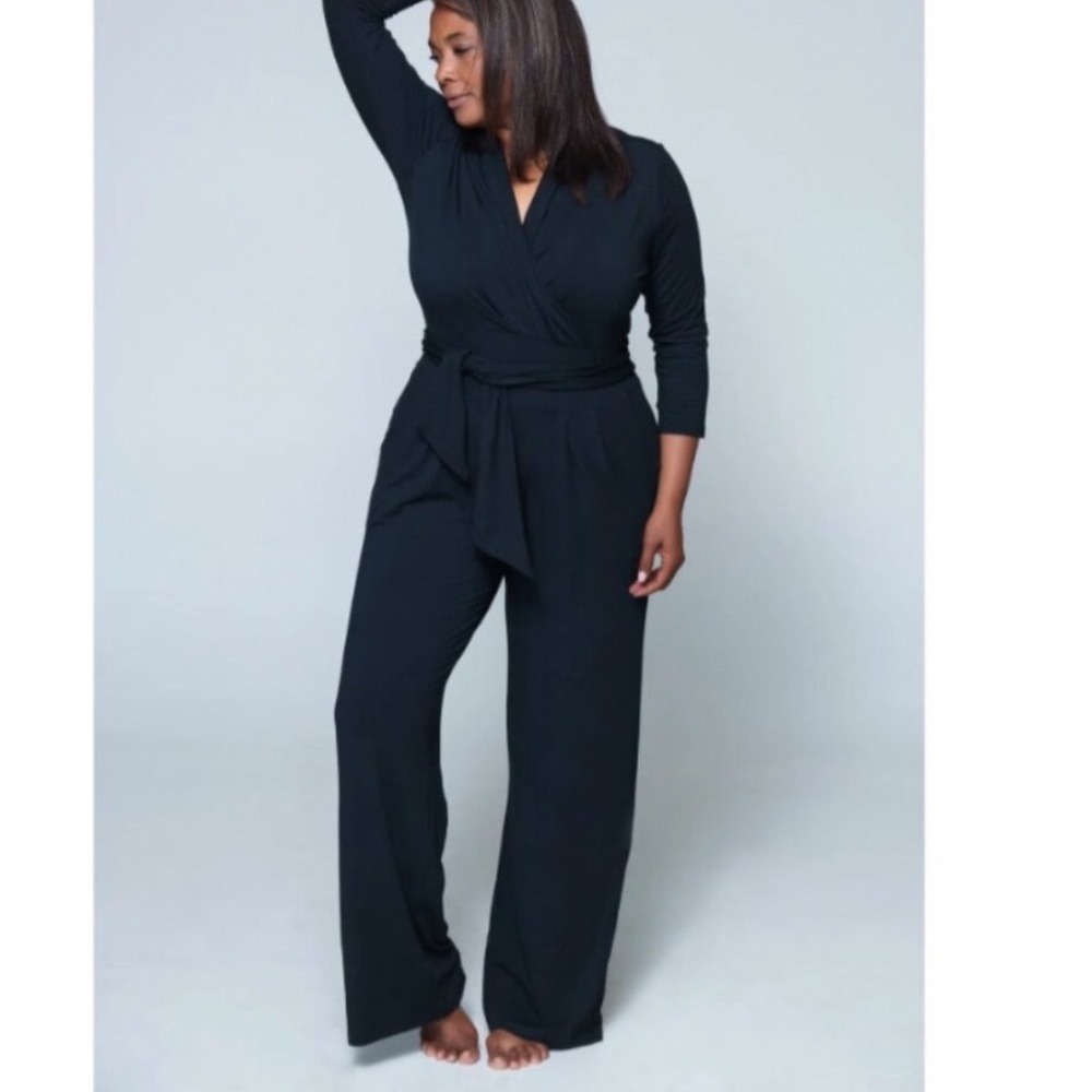 Taylor Jay Ultrasoft V-Neck Wrap London Jumpsuit Black L/XL Wide Leg Made in USA